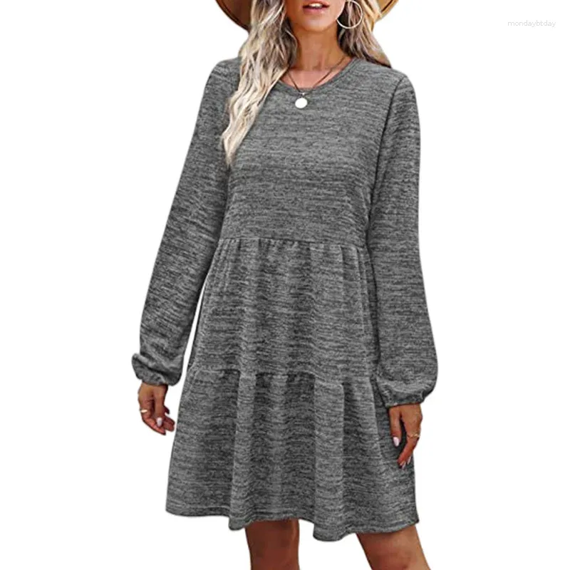 New solid color O-neck long sleeve waist A-line dress New solid color O-neck long sleeve waist A-line dress