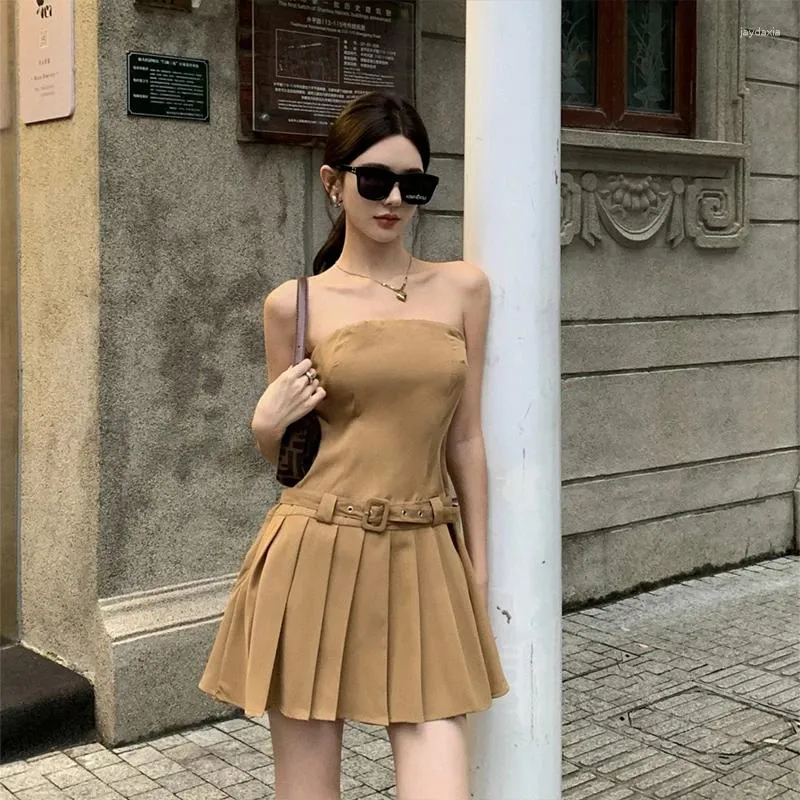 Sexy Strapless Mini Dress Khaki Corset Style Tube Top Dress, Women's Low  Waist A-Line Pleated Party Dress
