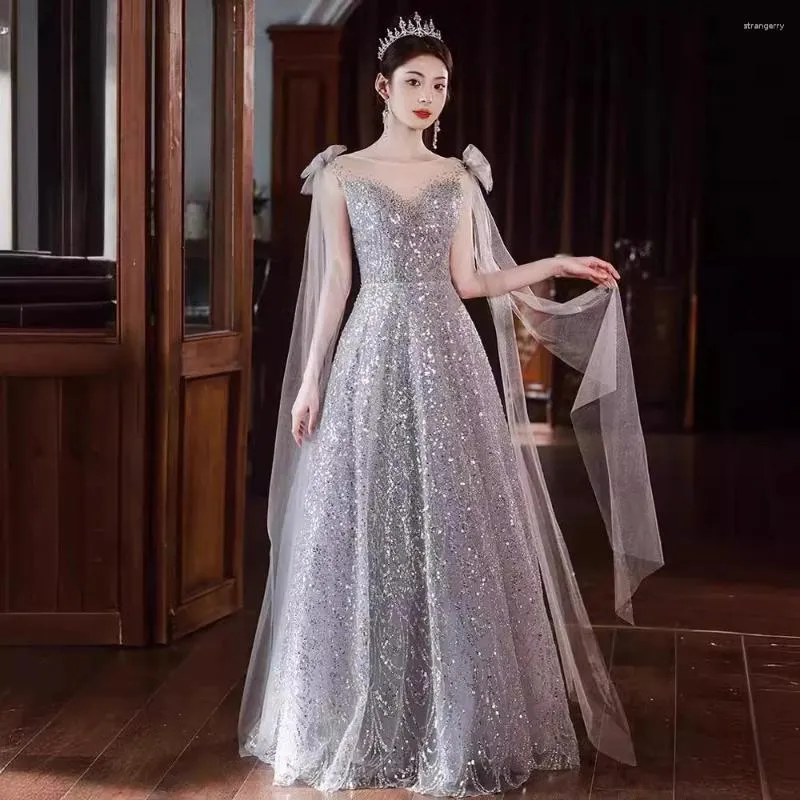 strapless open back dress One Sleeve Silver Sequin Long Ruffled Train Prom Dress
