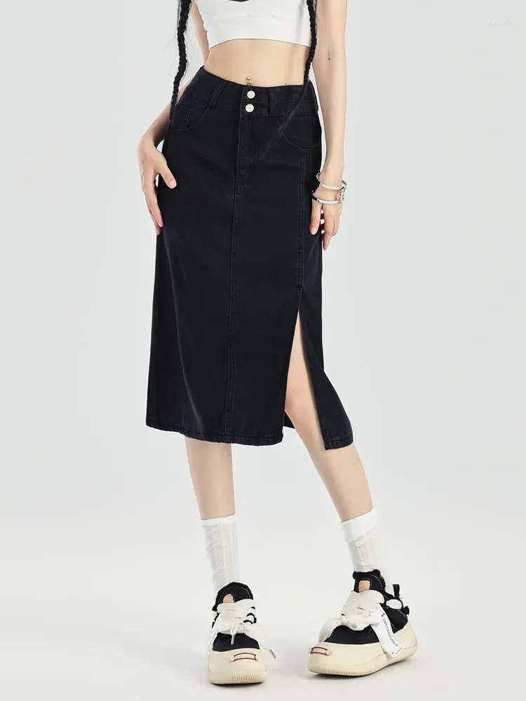 guuzyuviz black lyocell denim midi summer korean fashion casual harajuk sip split gan jean jupe femme