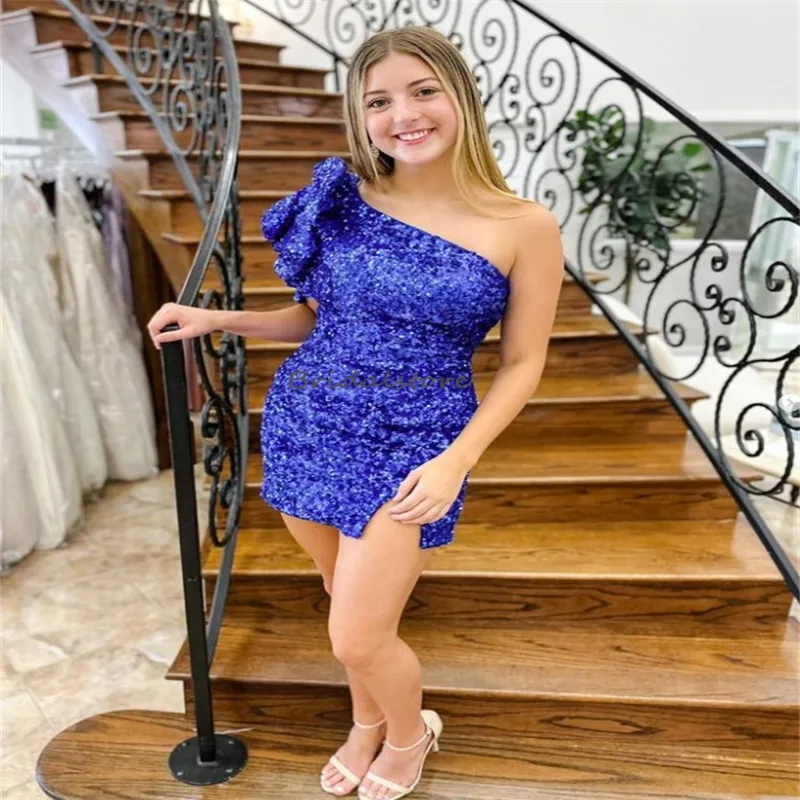 Blue One-Shoulder Short Prom Dress Mini Sequined Cocktail Dress with Zipper  Back from Dhgate Prom Dresses - price 99.4