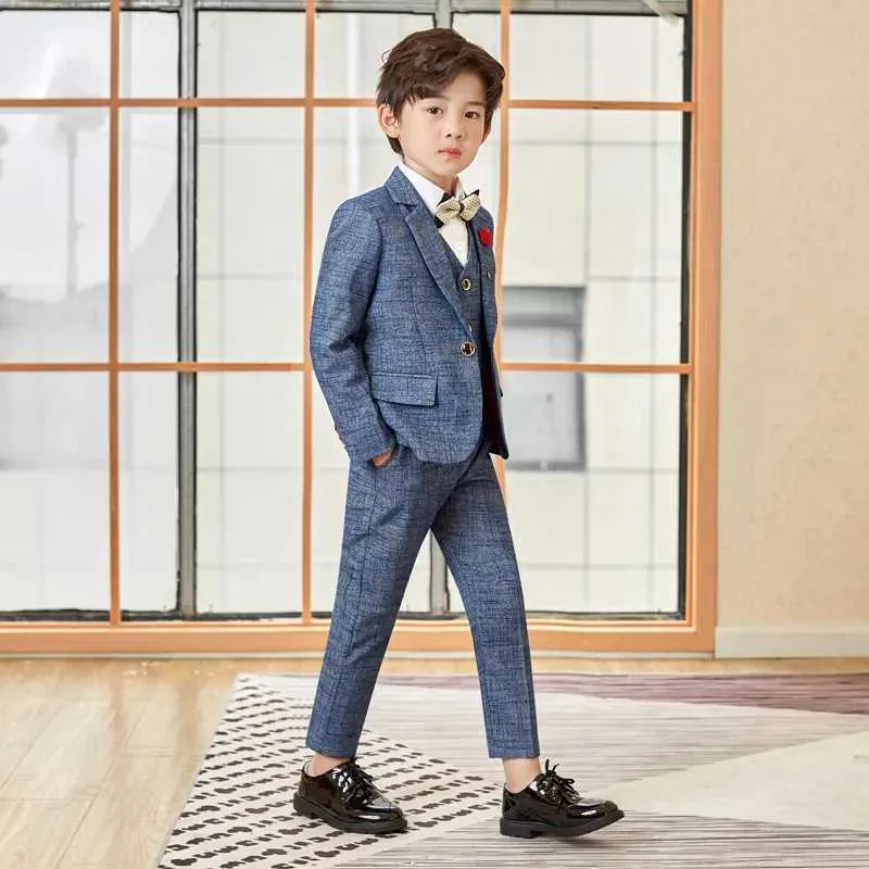5-delige kostuumset voor jongens, blazer broek vest hemd vlinderdas, kinderen, smokingkostuum, jongens, heren, outfit voor bruiloft, avond, doopkleding, Blauw, 15-16 Jaar