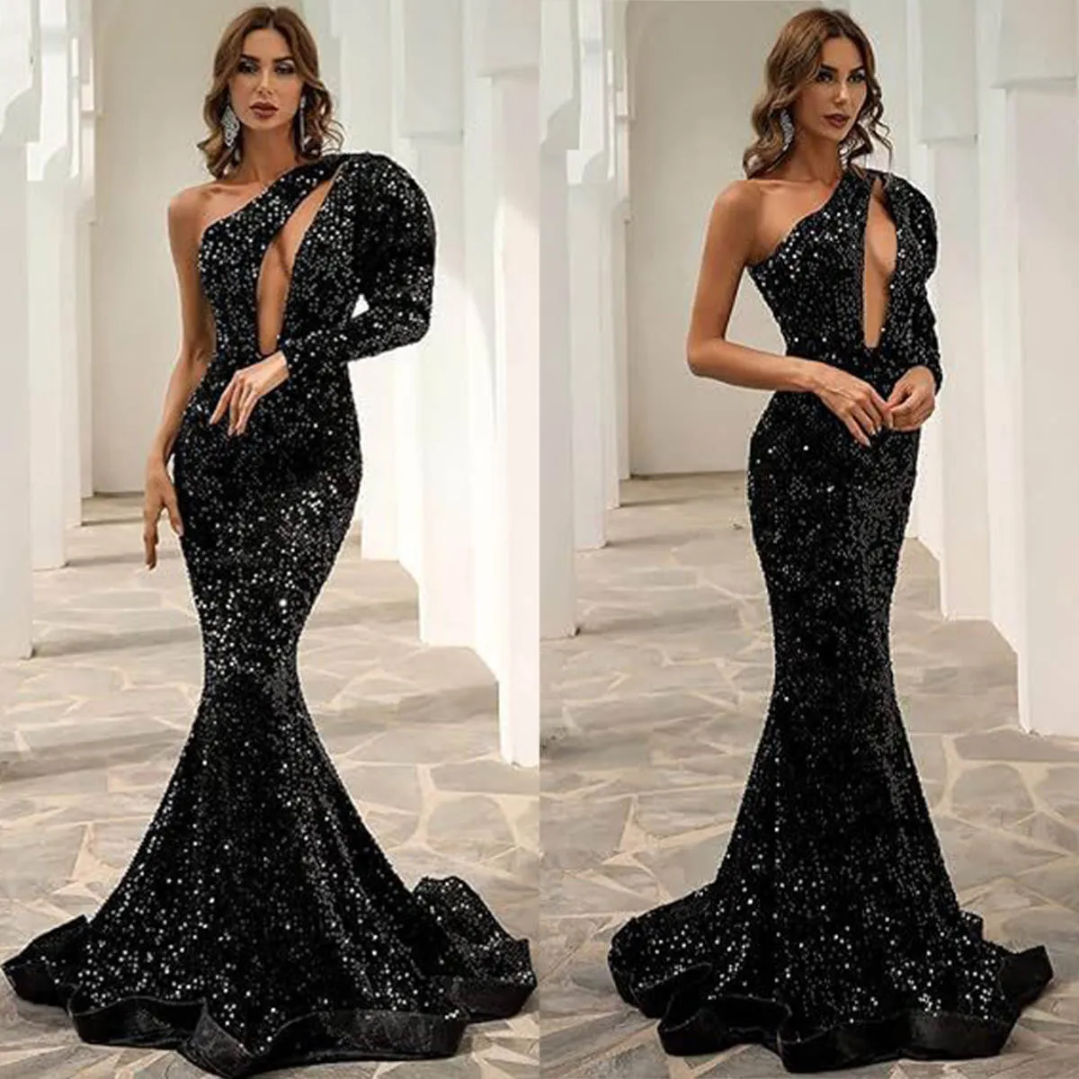 Robe De Soirée 2025 Manches Longues Perles - Femme, Taille L - Dos Fermeture éclair - Noir, Polyester - Pour Fête, Soirée, événement