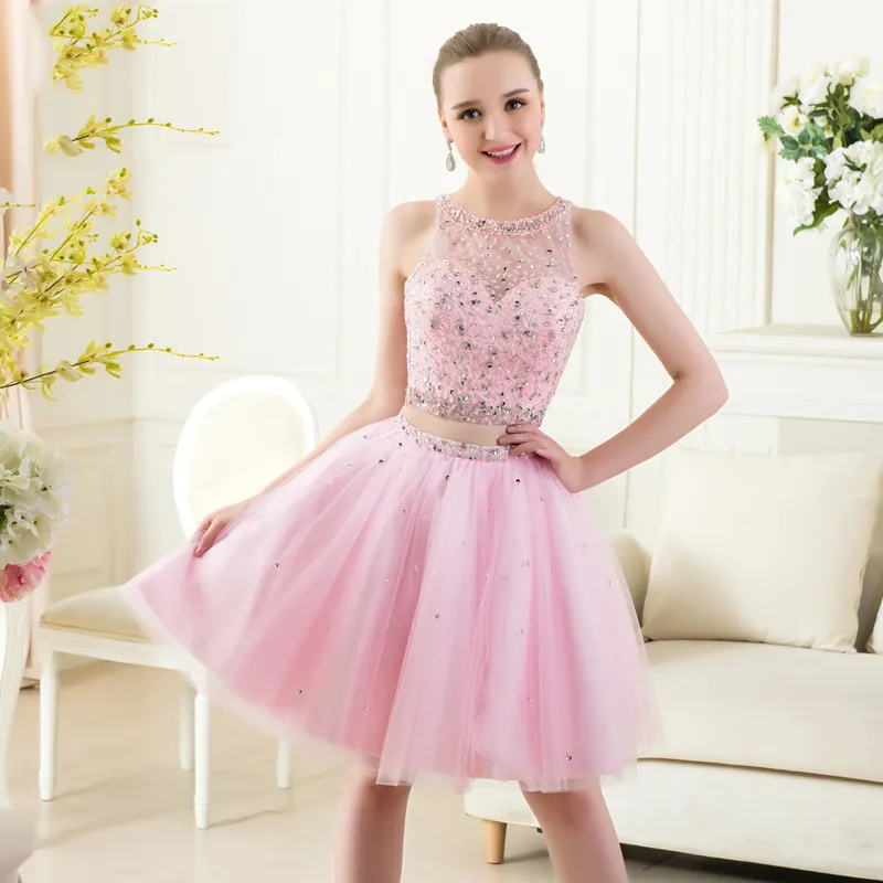 two piece pink homecoming dress Elegant V Neck Two Piece Blush Pink Long Prom Dress – FancyVestido main image 0