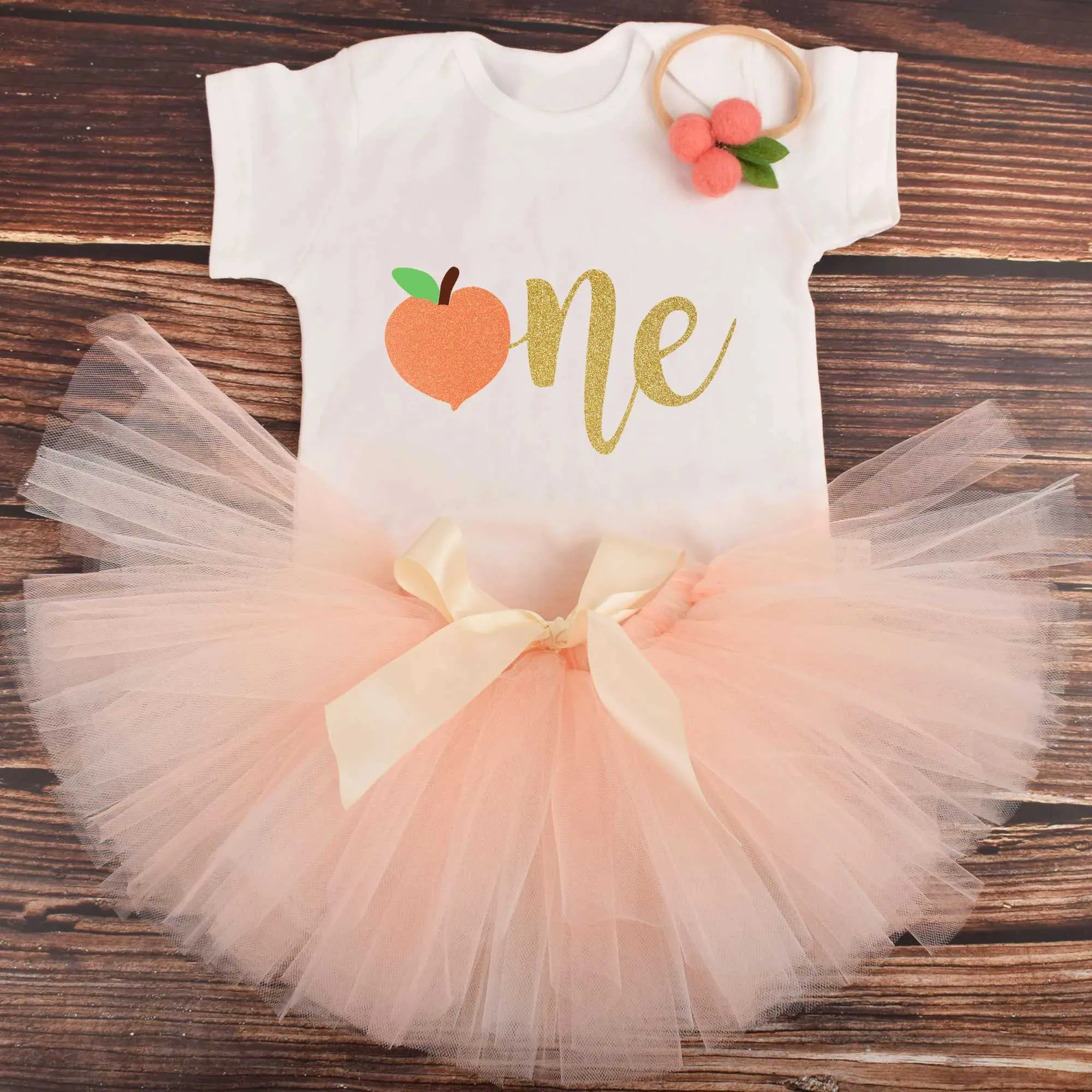 Peach Birthday Outfit Headband Set Perfect for First Birthday