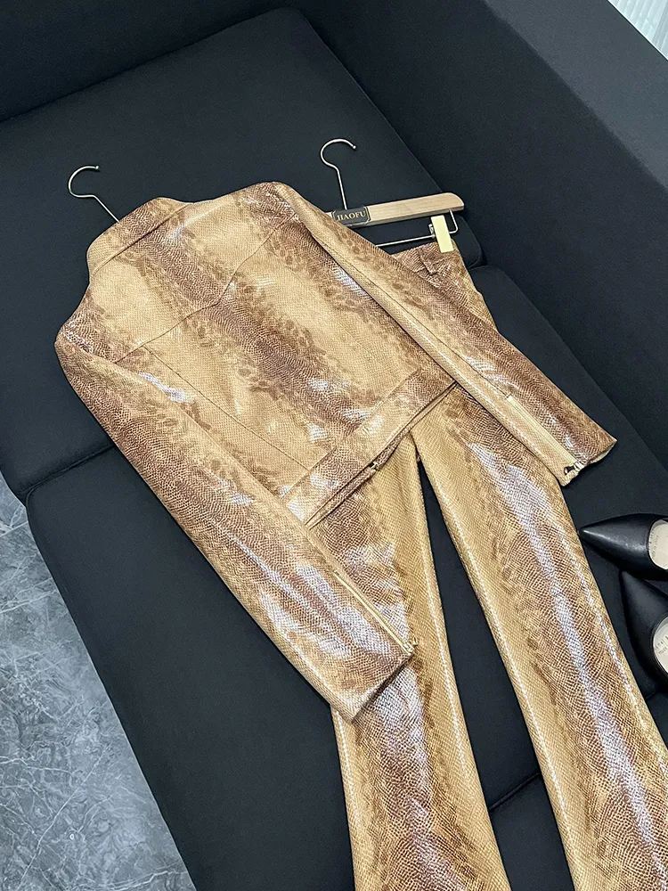 Autumn Chic: Khaki Python Print Pants Suit - Long Sleeve Jacket & Flare ...