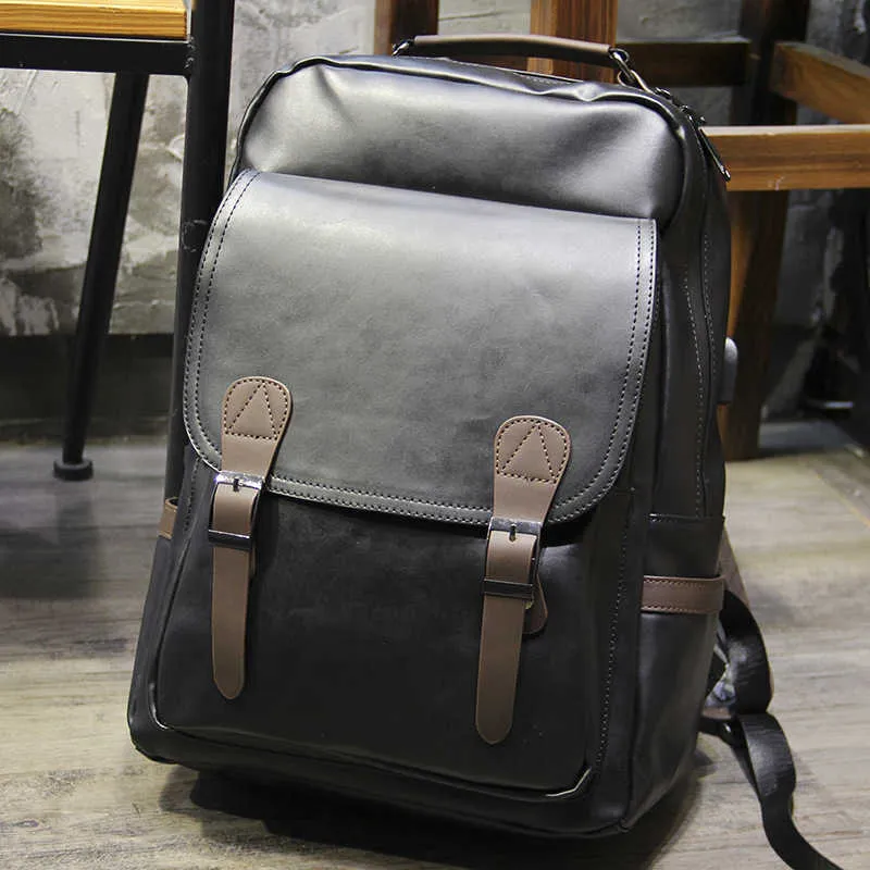 Mens Leather Business Backpack with USB Charging Large Capacity