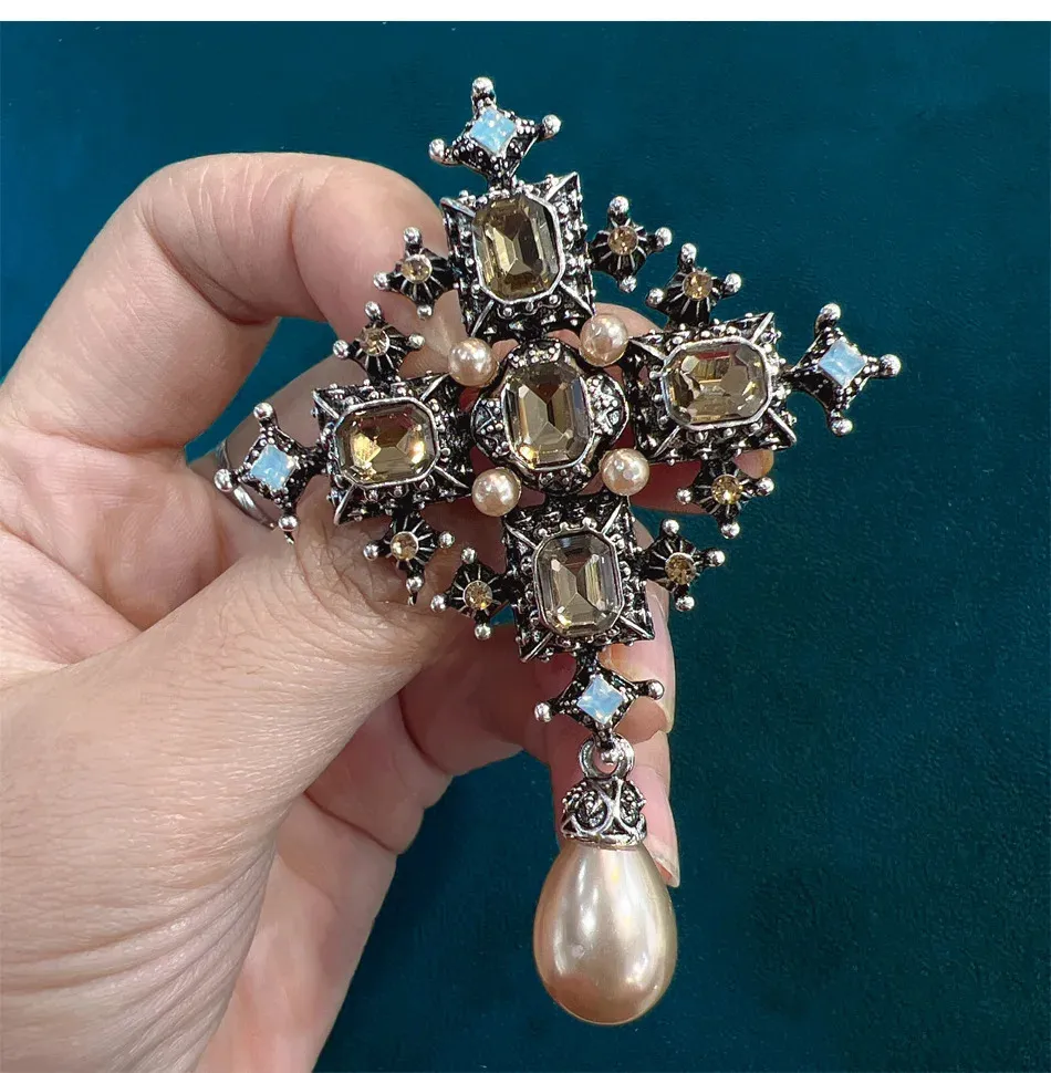 Elegant Pearl Cross Brooch Vintage Rhinestone Pins for Women