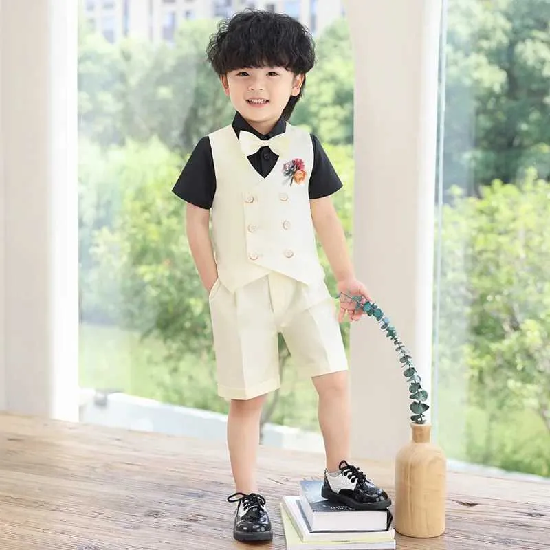 Boys' Summer Vest Suit British Style Performance Outfit, Host Wedding,  Birthday Party Clothes, Kids Waistcoat Shorts Bowtie Set