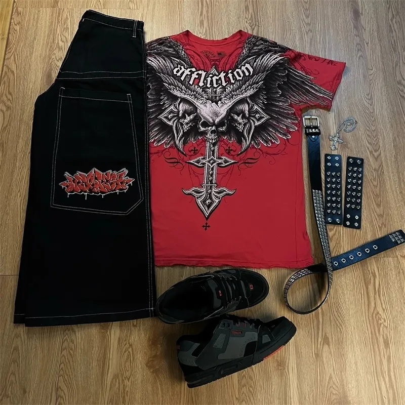 Harajuku Jnco and Wexwear Graphic Embroidered jeans pant shirt 