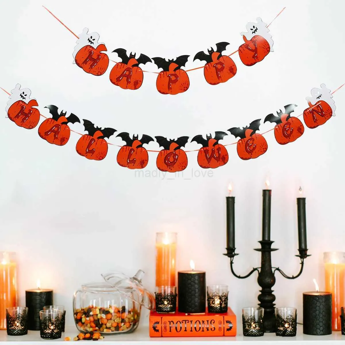 Décorations Halloween – 3 Fantômes En Bois + Bannière + 36 Chauves-souris – Pour Maison, Fête Ou Décoration De Table