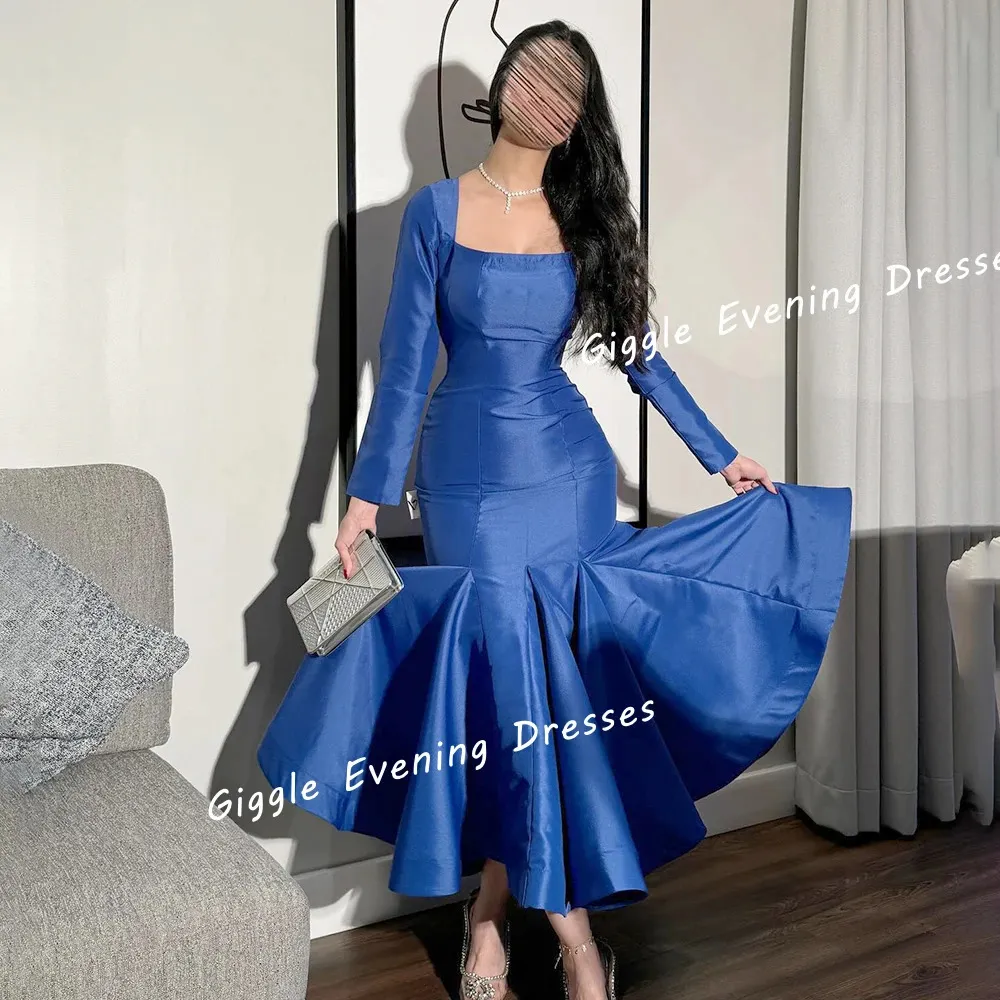 Elegant Navy Blue Satin Ruched Mermaid Midi Dress main image 1