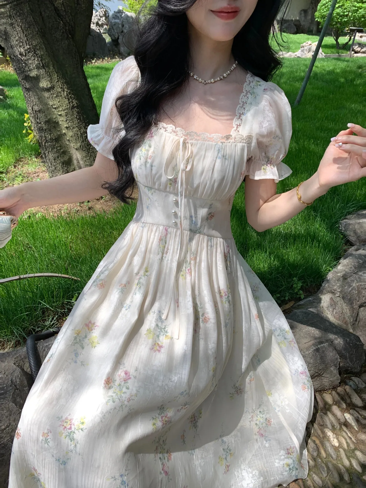 Floral Print Fairy Dress with Square Collar and Short Kimono Sleeves  Mid-Calf Length Chiffon A-Line Dress for Spring Summer 240702 from Dhgate  Basic & Casual Dresses - price 56.64