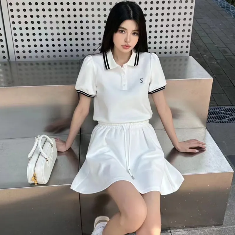 Elegant Polo Shirt Pleated Skirt Set Premium Womens Two-Piece