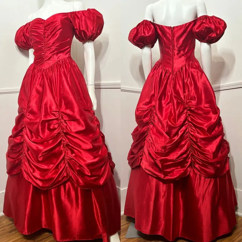 1980S Vintage Red Prom Dresses Off The Shoulder Ruched Princess
