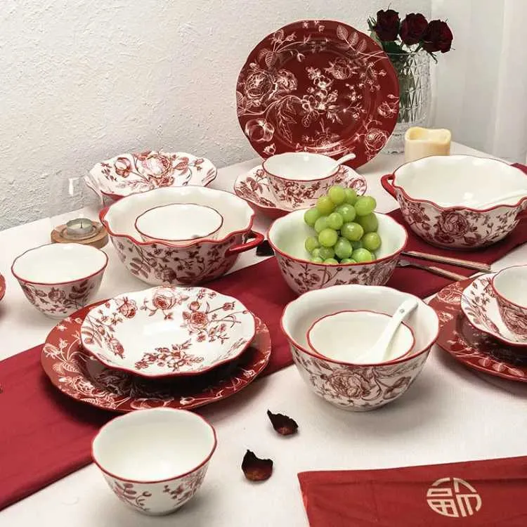 Red Rose Ceramic Dinnerware Set: Light Luxury Plates Bowls Shop Now!  Premium Quality Tableware, Includes glass plate and bowl