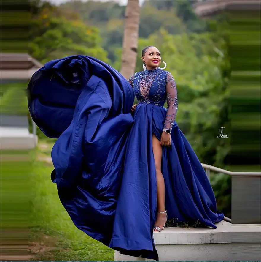 Royal Blue Evening Gown Elegant Long Sleeve See Through Satin Prom Dress With Train Plus Size Aso Ebi From Verycute 61.18 DHgate.Com