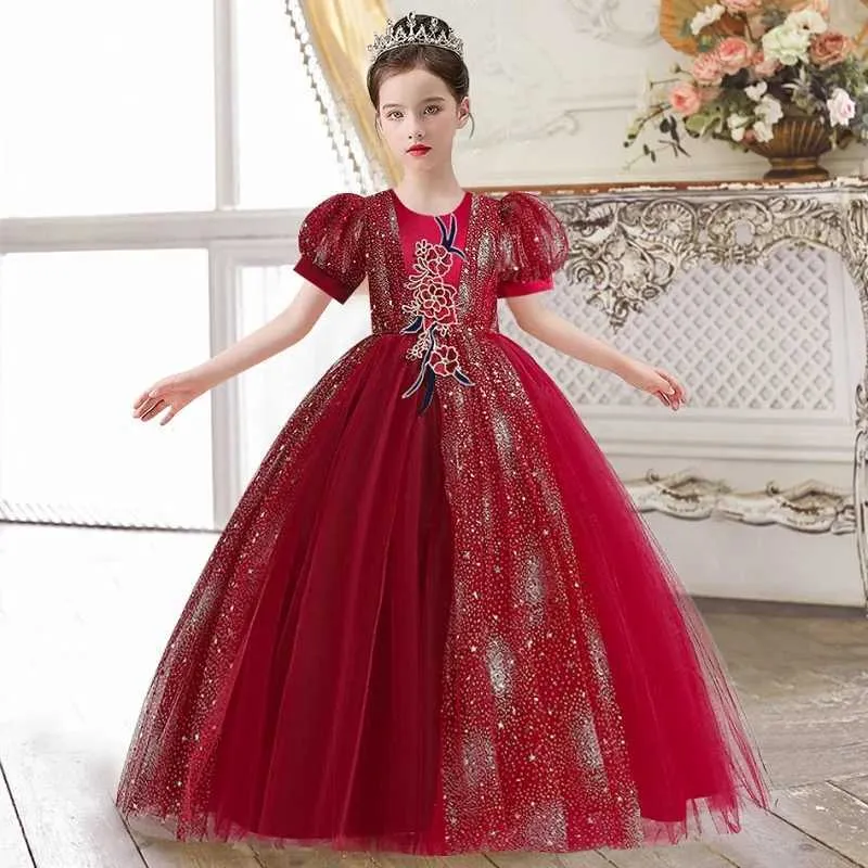 Sequin Embroidered Poncho Dress for Girls Bubble Sleeve Princess Dress for Parties and Performances