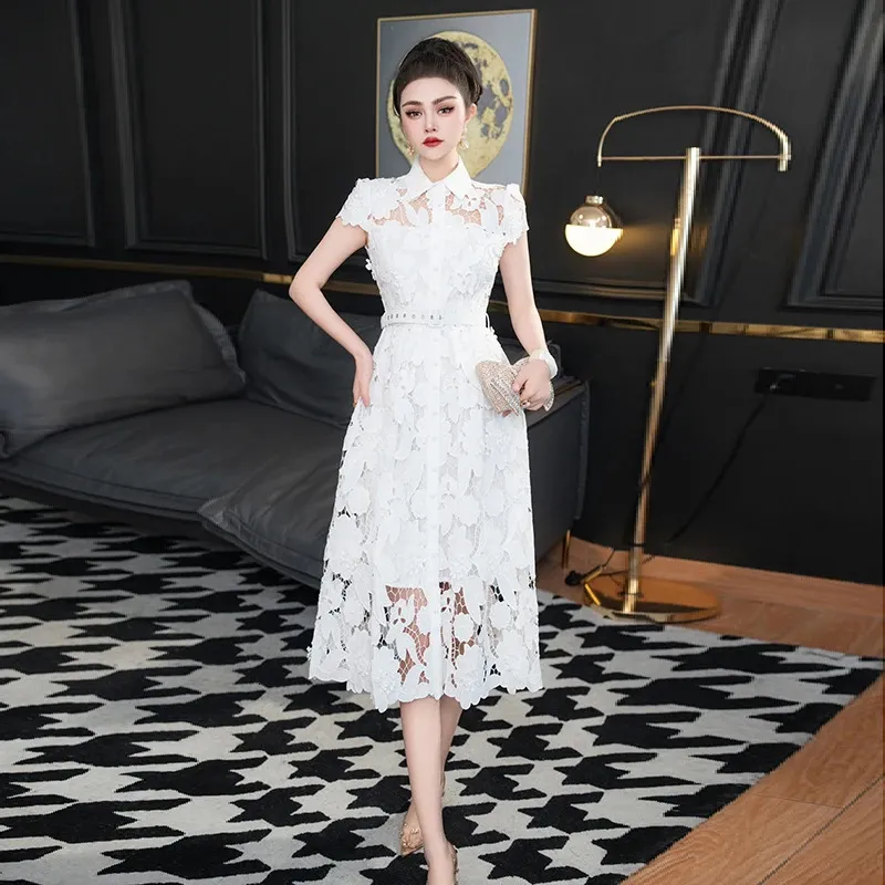 polyester lace dress White Recycled Polyester Kaftan Maxi Lace Summer Dress by Dash and Dot at Pernia's Pop Up Shop 2026