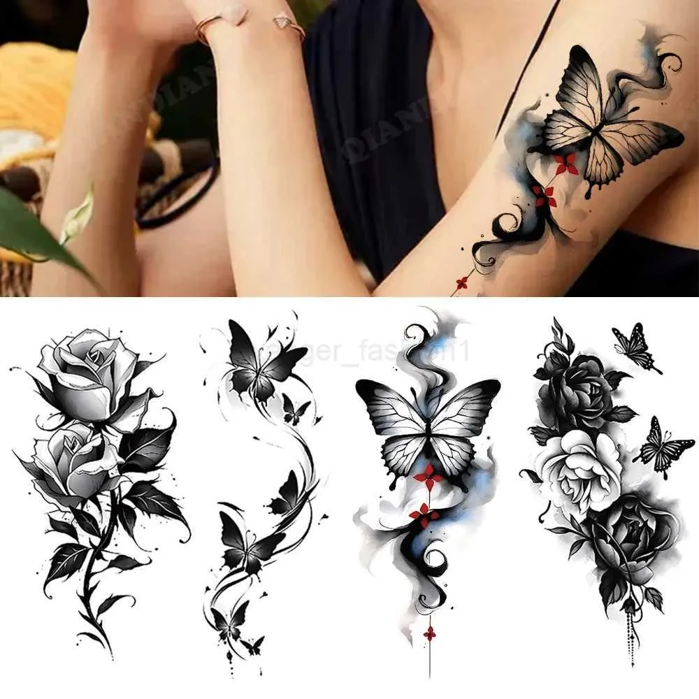 Groß sparen beim Kauf von Temporärer Tattoo Aufkleber Mit Schwarzer Blume  Schwarz Blumen Wasserdichte Temporäre Tattoo Aufkleber Schmetterling Rose  ..., image size:1000x1000