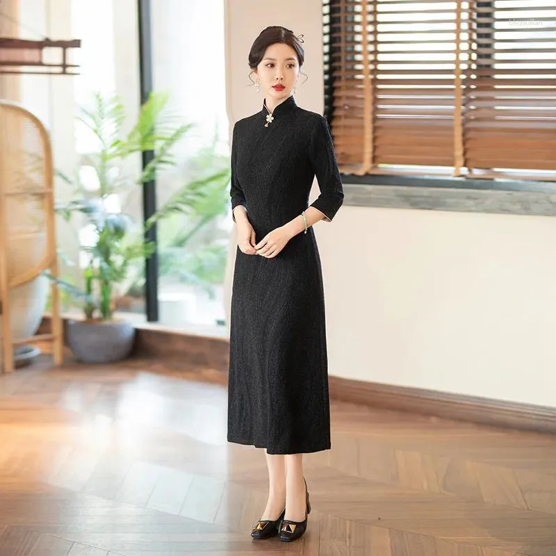 Ethnic Black Polyester Chiffon Cheongsam Dress for Women with Three Quarter Sleeves from Dhgate Ethnic Clothing - price 68.19 Ethnic Black Polyester Chiffon Cheongsam Dress for Women with Three Quarter Sleeves from Dhgate Ethnic Clothing - price 68.19