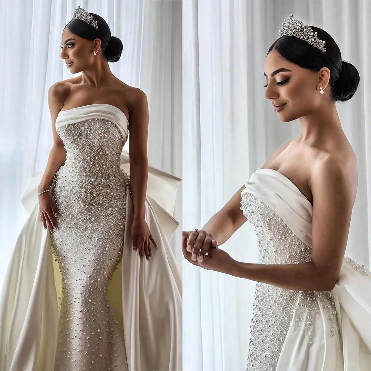 Long Ruffle Sleeve Wedding Dress with Lace Vestido De Novia Modern Mermaid Satin Princess Gown Bow Court Train Dress main image 0