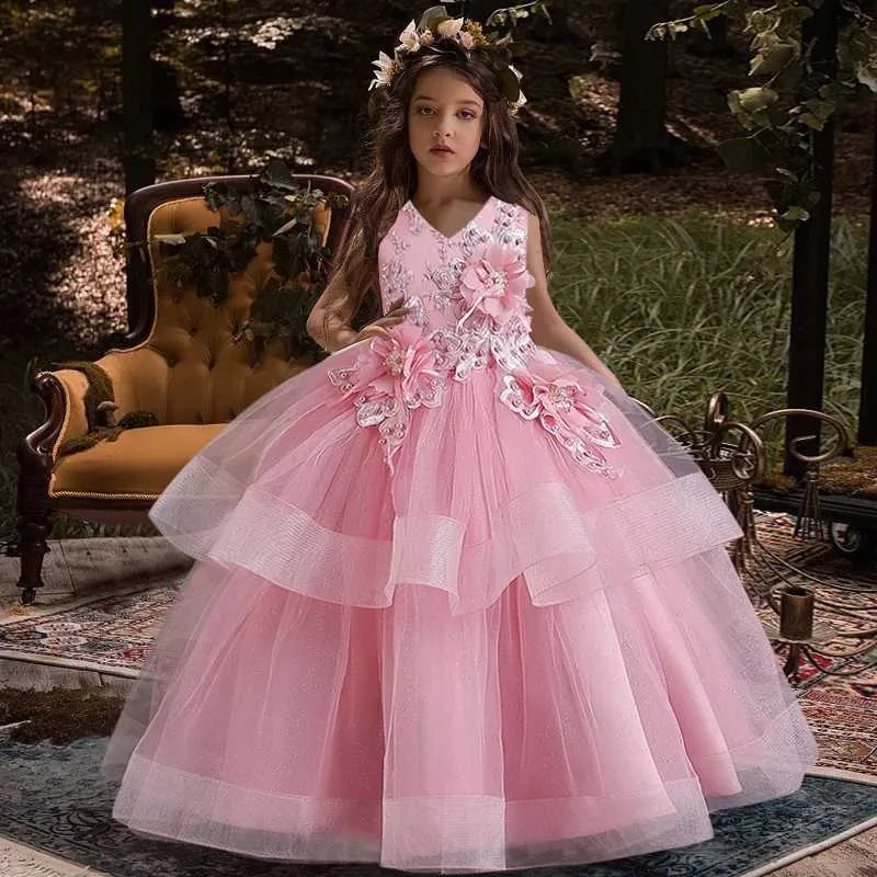 Girl's Embroidered Pearl Princess Dress 4-12 Year Old Childrens Flower Long  Mesh Dress with Short Sleeve and O-neck Collar for Winter
