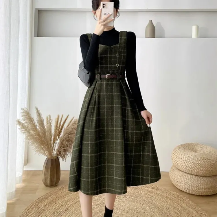 DHgate.com:Womens 2-Piece Plaid Tweed Sweater Dress Set: Turtleneck Knitted  Top \u0026 Swing Dress:Apparel