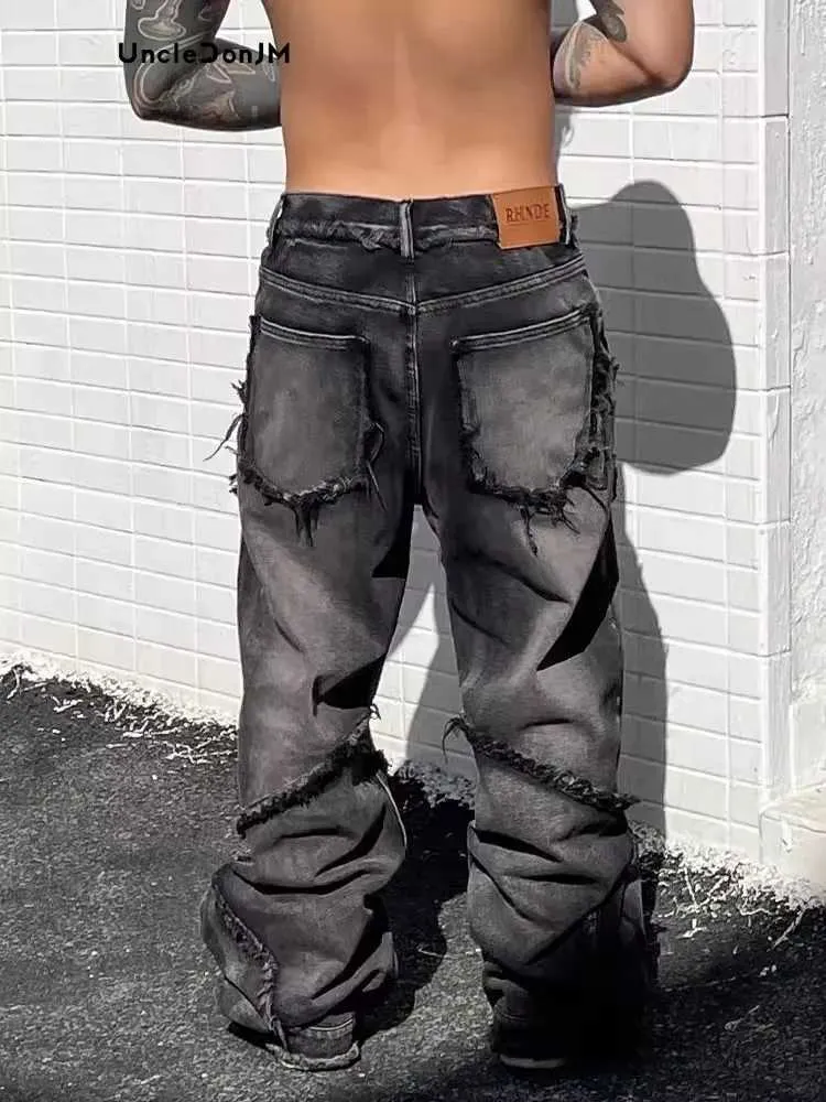 Black Spliced Y2k Mens Jeans: Streetwear Distressed Baggy