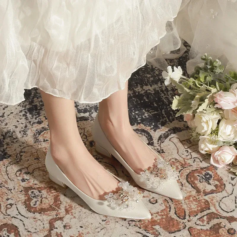 Size 34 43 Low Heel Pointed Wedding Bride 3cm Ladies Flats Shoes 240708_voghion.com