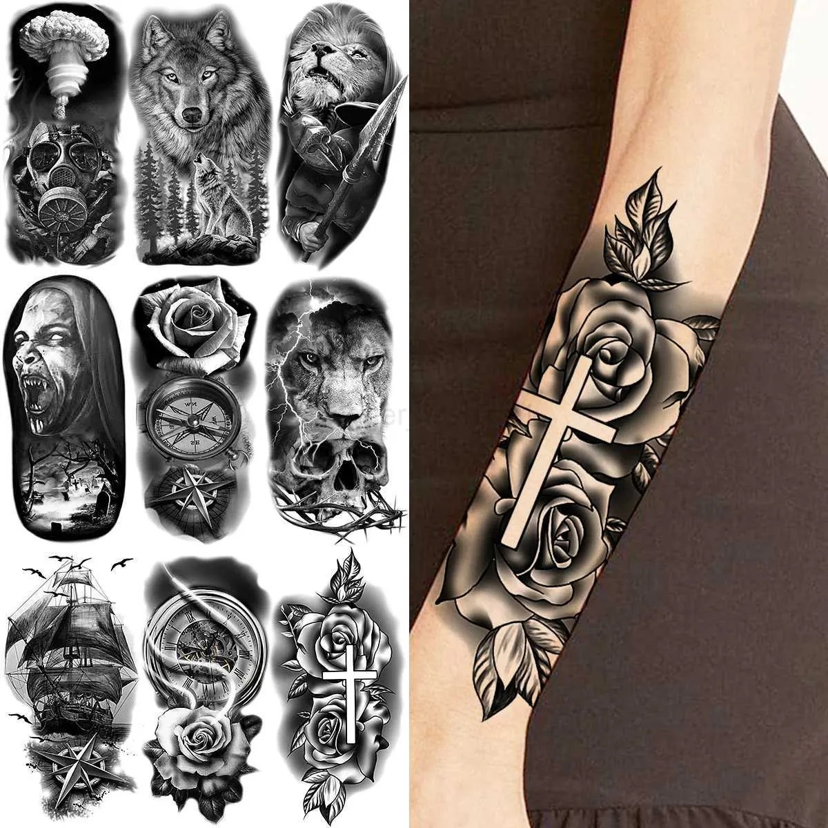 Black Rose Flower Cross Temporary Tattoos For Women Adults Wolf 
