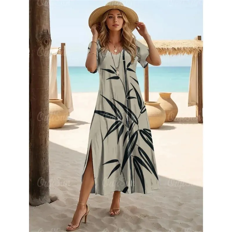 Women's Hawaiian Leaf Print Midi Dress Summer Short Sleeve O-Neck Pullover  Polyester A-Line Dress from Dhgate Urban Sexy Dresses - price 23.6