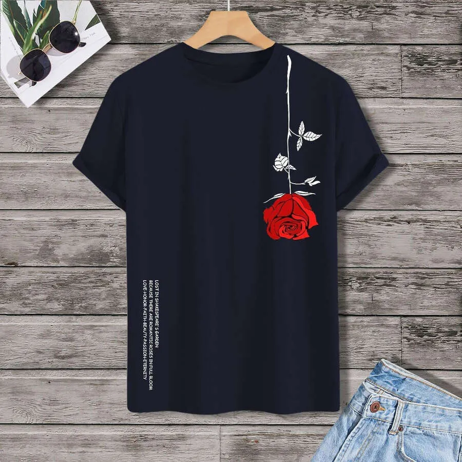 T-Shirt Homme Brodé Floral Noir - Manches Courtes, Col Rond, Coupe Regular, Neuf Avec étiquette