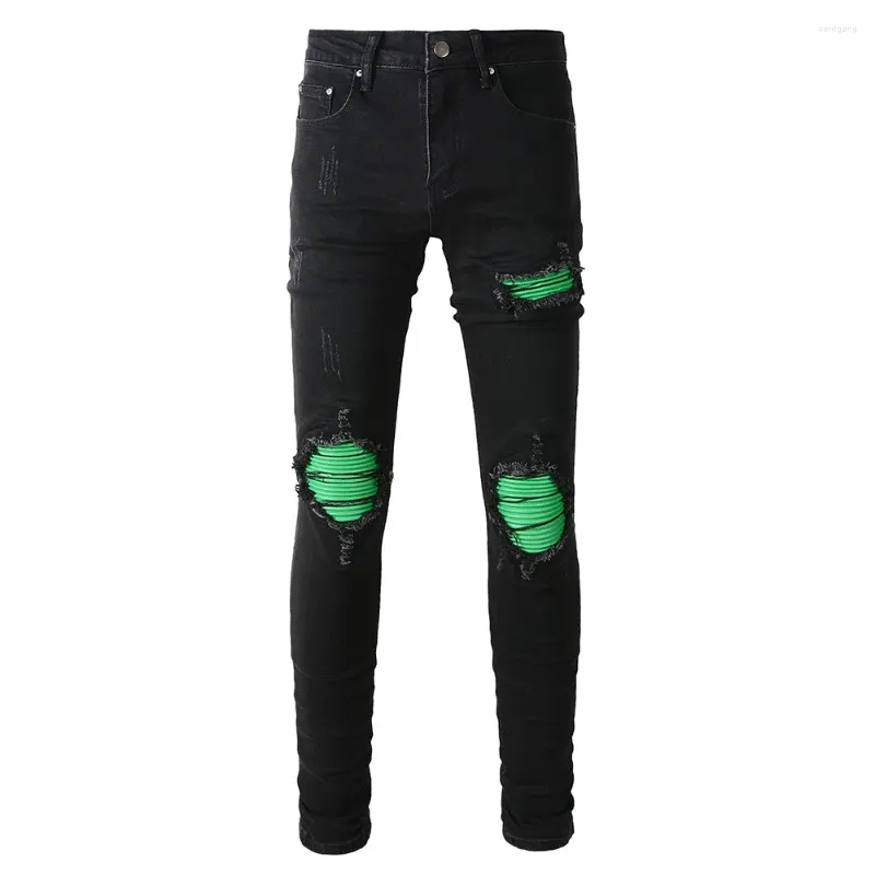 Save Big on Bulk Ripped Biker Jeans For Men Men's Black Ripped Jeans: Neon  Green Leather Patch Denim Streetwear Biker Pants Skinny Tapered Trousers 