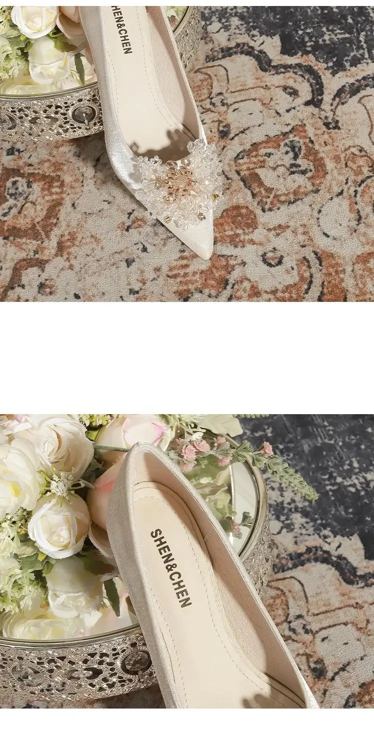 Pointed Low Heel Bridal Flats For Women Elegant Wedding Shoes_voghion.com