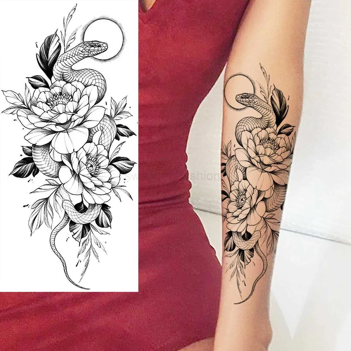 Tatuagens Temporárias Femininas: Tatuagens Falsas De Rosa De Cobra Preta  Nas Costas, Decalques De Arte Corporal De Peônia De Flor À Prova Dágua Para  Adultos De Swagger_fashion1, $9,49 | DHgate, image size:1200x1200