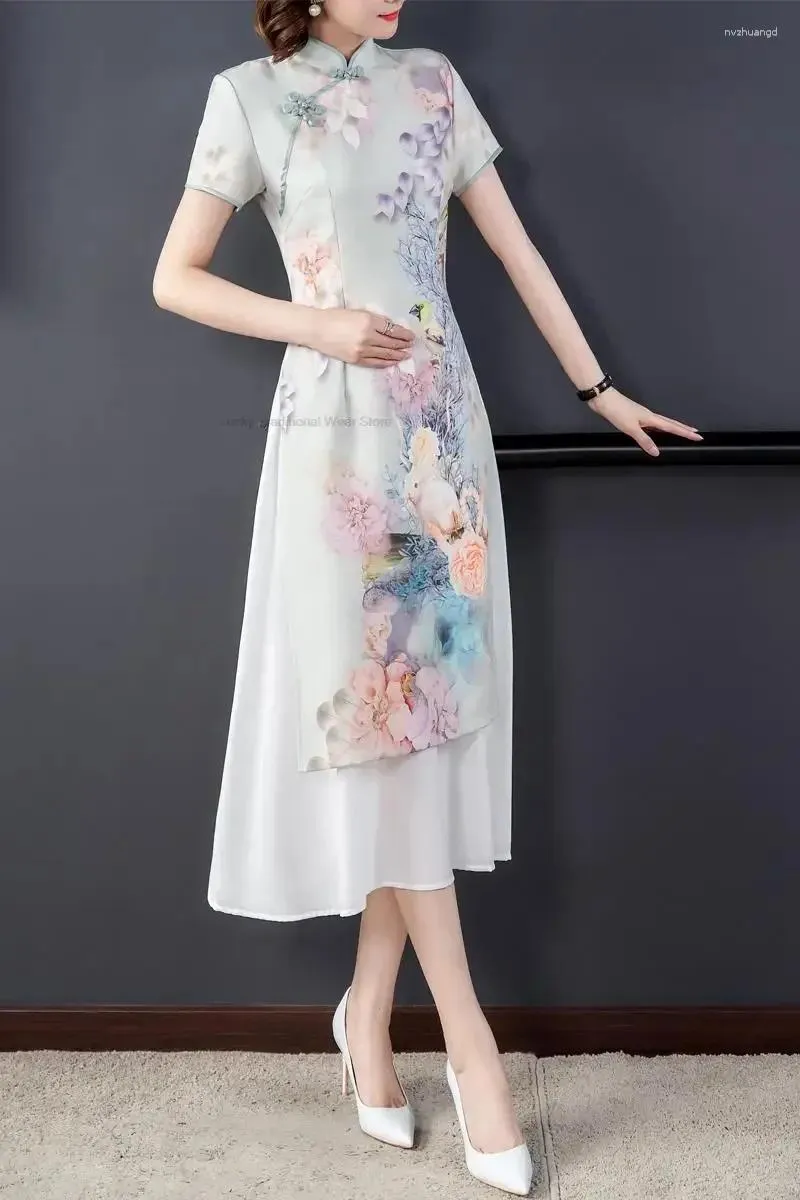 ao dai dresses short Short Sleeve Cheongsam Top Knee Length Floral Ao Dai Dress