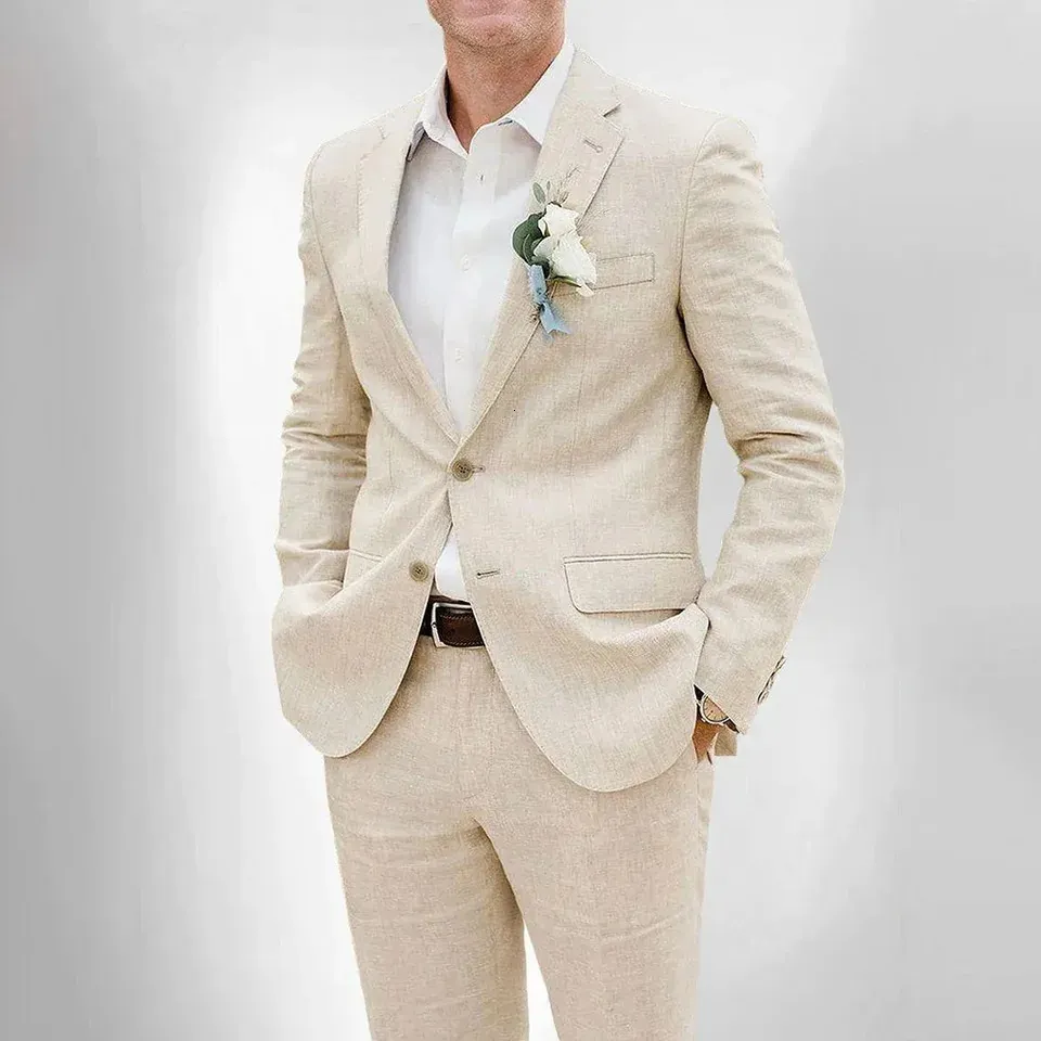 Traje De Boda De Lino Beige Para Hombres, Solapa De Muesca De