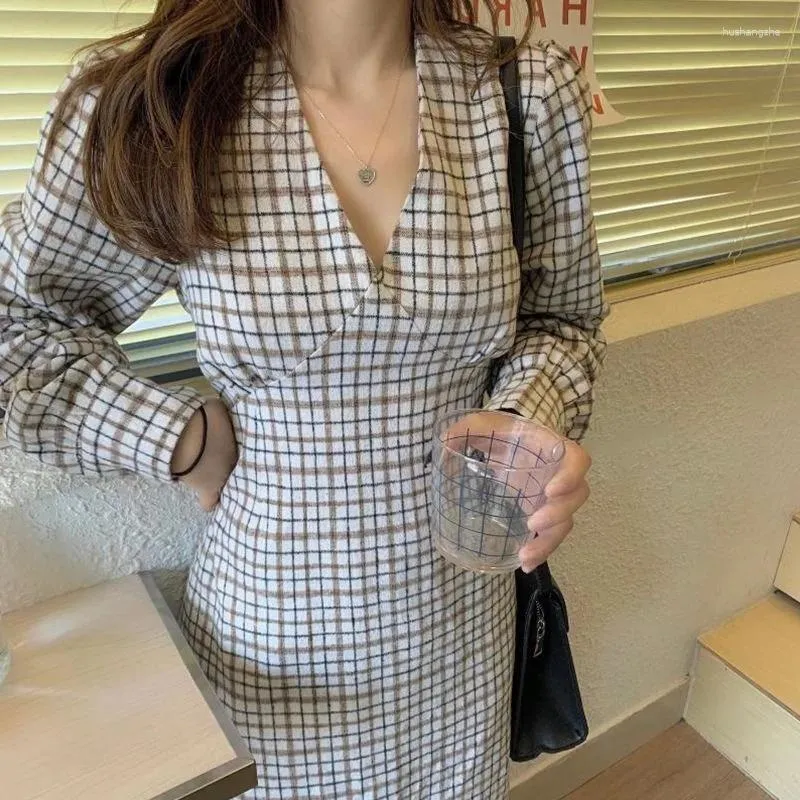 Casual Dresses Fall Winter V Neck Plaid Bodycon Dress Lady Office Vestidos Evening Party Elegant OL Europe And Simple