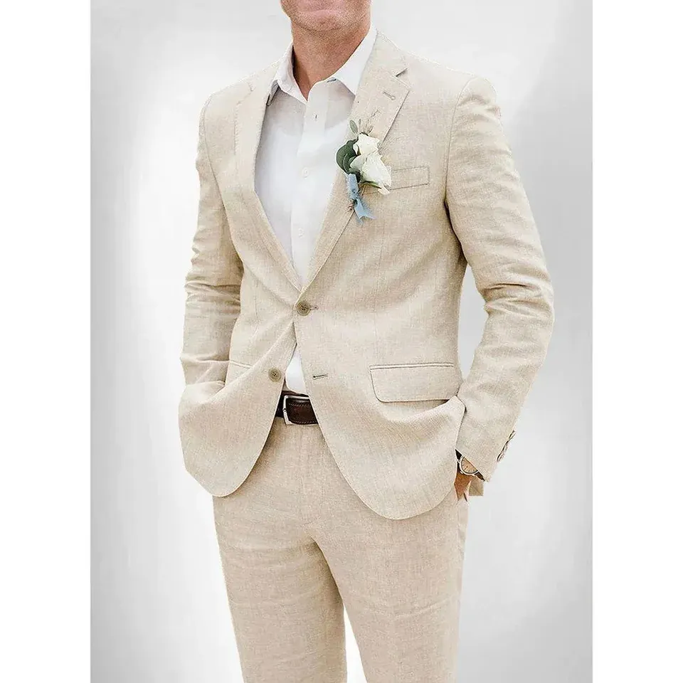 Beach Wedding Cream Suit Beige Linen Wedding Suit For Men