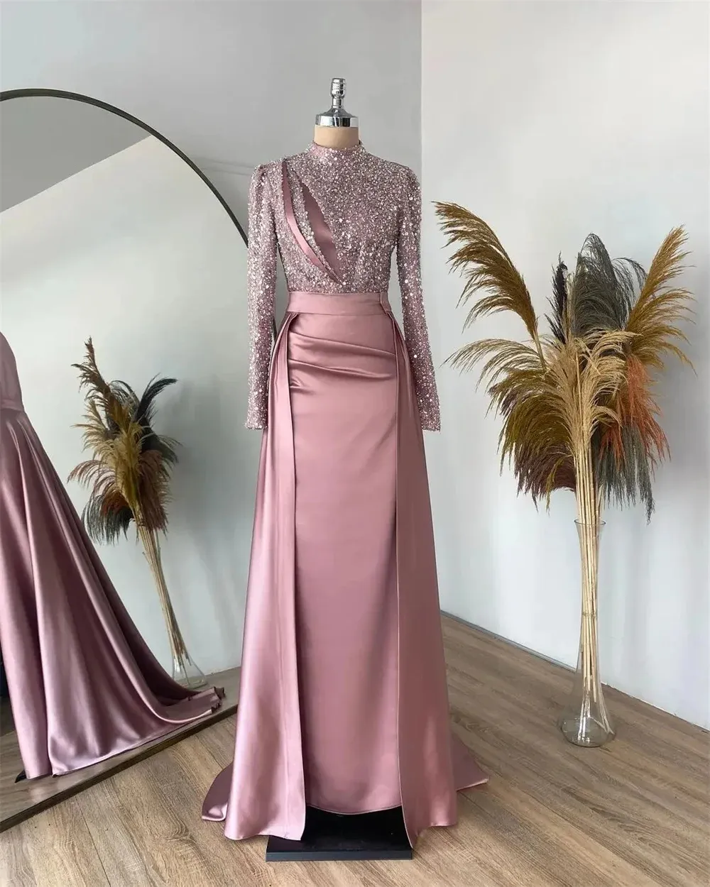 Pink Evening Formal Dress High Neck Long Sleeves Sequined Elastic Satin  Floor-Length Gown with Beads and Applique from Dhgate Evening Dresses -  price 123.62