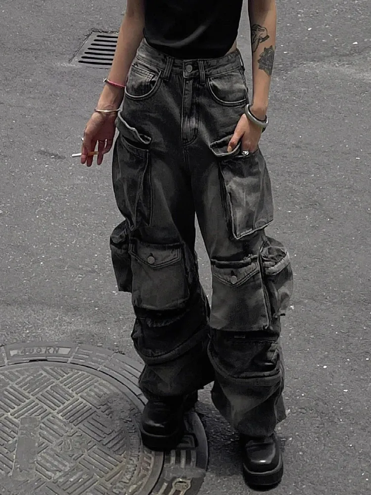 パンツ Y2K MAD PUNKS gimmick lace cargo pants Women Y2k Pants Goth Punk Emo Baggy Bell Bottom Jeans Y2k