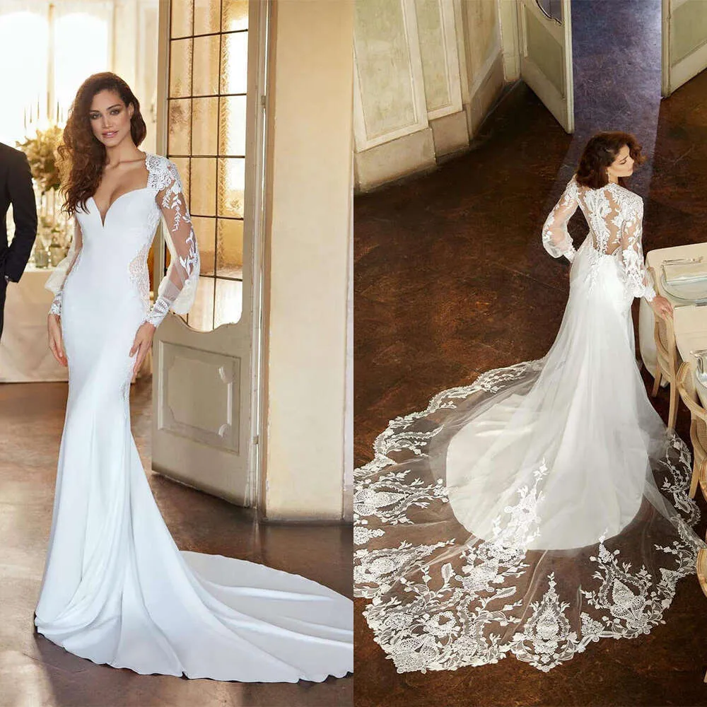 Vestidos Especiales De Sirena Bohemia Apliques De Encaje De Mangas Largas  Sweet Train Hecho A Personalizado Sexy V Neck Botón Back Boho Bridal Gowns  De 184,94 € | DHgate, image size:1000x1000