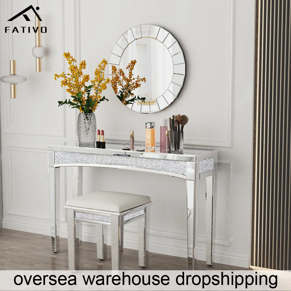Crushed Diamond Console Table 47 Long Mirrored Entryway Vanity Table with Drawers Silver