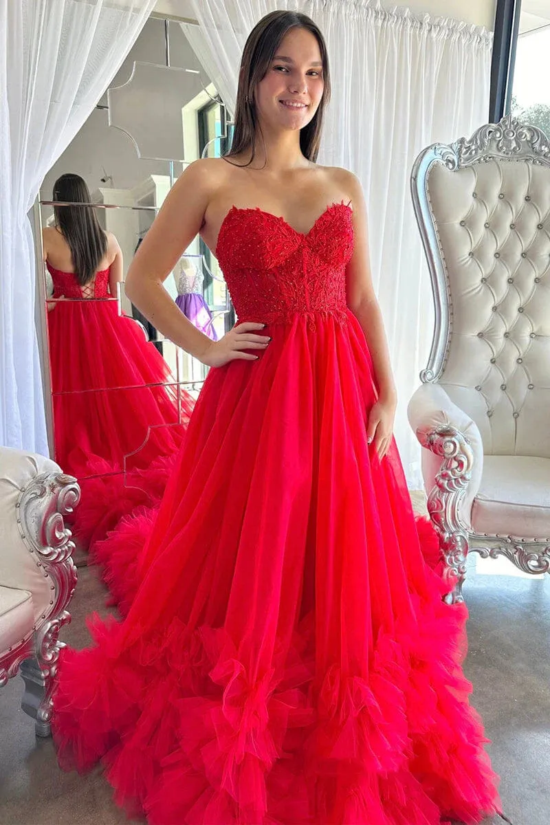 Plus Size Pretty Little Thing Red Ruffle Dress Beaded Prom Gowns
