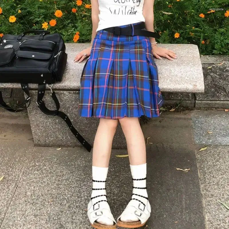 Blue Plaid Pleated Skirt Korean Harajuku Y2K Style, High Waist A-Line  Knee-Length Summer Skirt for Women Girls