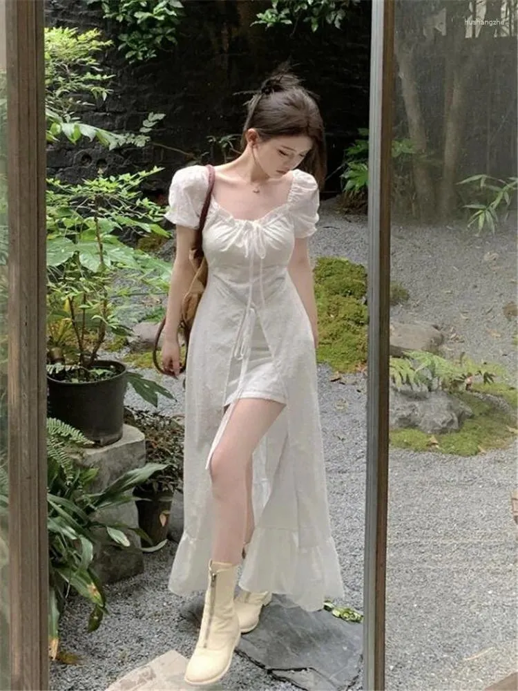 White Lace-Up Casual Dress with Square Collar and Short Sleeves for Women - Elegant and Gentle Temperament