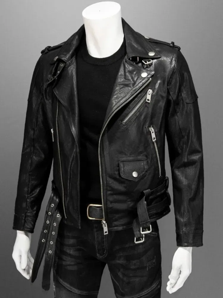 Men's Genuine Leather Street Punk leather jacket with