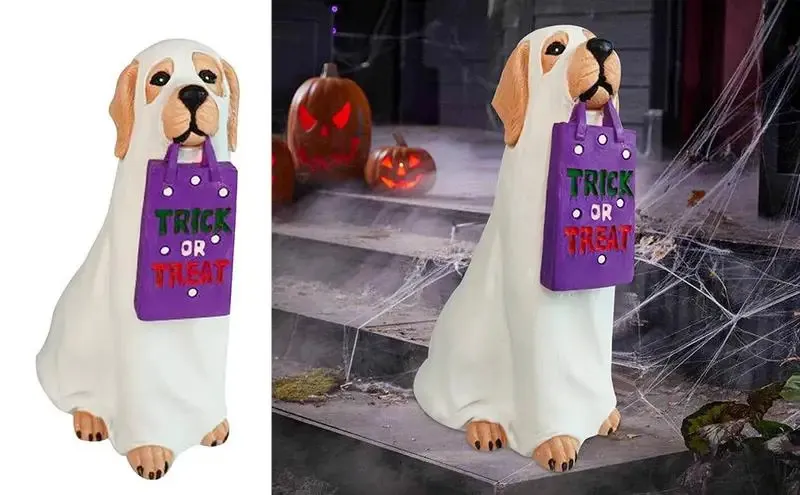 Halloween Geist Hund Statue - Golden Retriever Mit Tasche Als Gruselige Deko