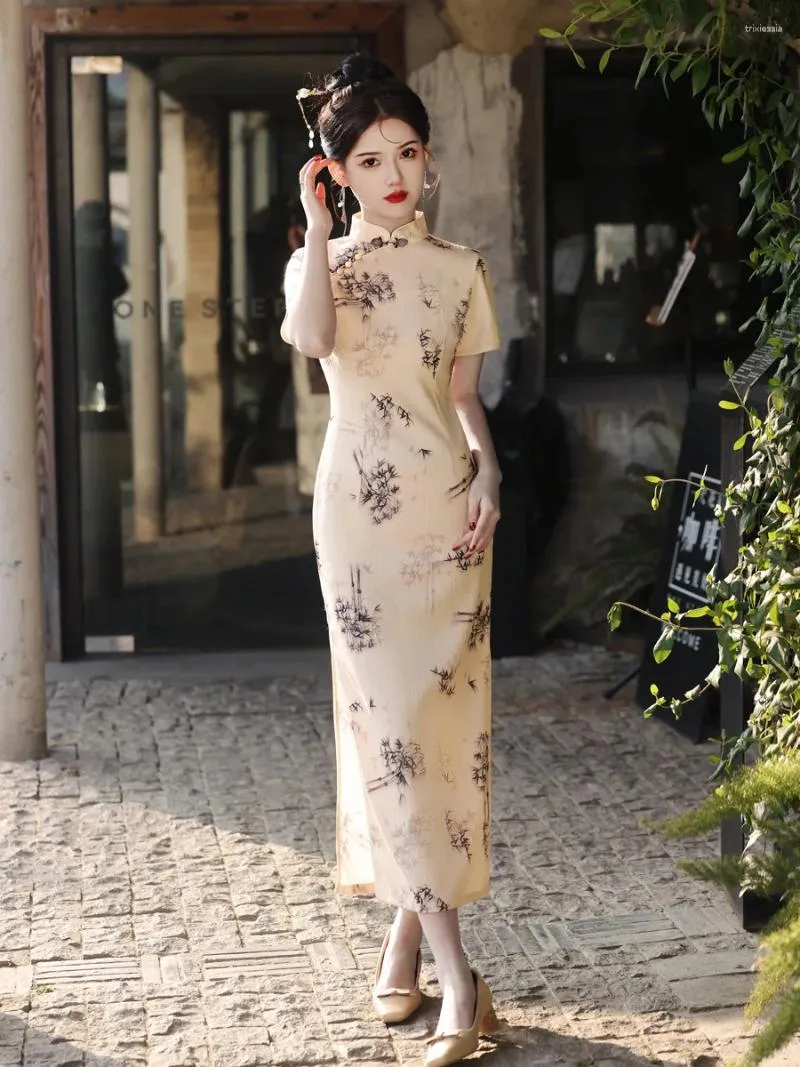Elegant Chinese Cheongsam Floral Print Qipao Dress Vintage Mandarin Collar Slim Fit for Women Daily Wear